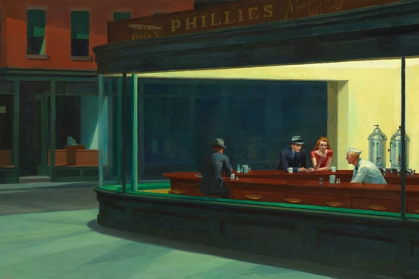 A painting depicting four people in a diner at night as viewed through the diner's large glass window.