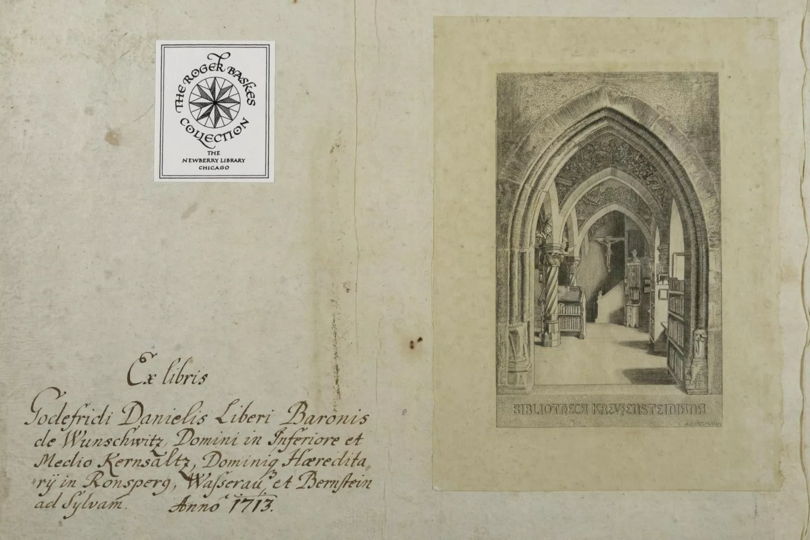 The inside front cover of a book. On the left, it shows a sticker that says "The Roger Baskes Collection, The Newberry Library Chicago". Underneath that is a handwritten Ex libris. On the right, it shows a print depicting the inside of a library labeled "Bibliotheca Krevzensteiniana".