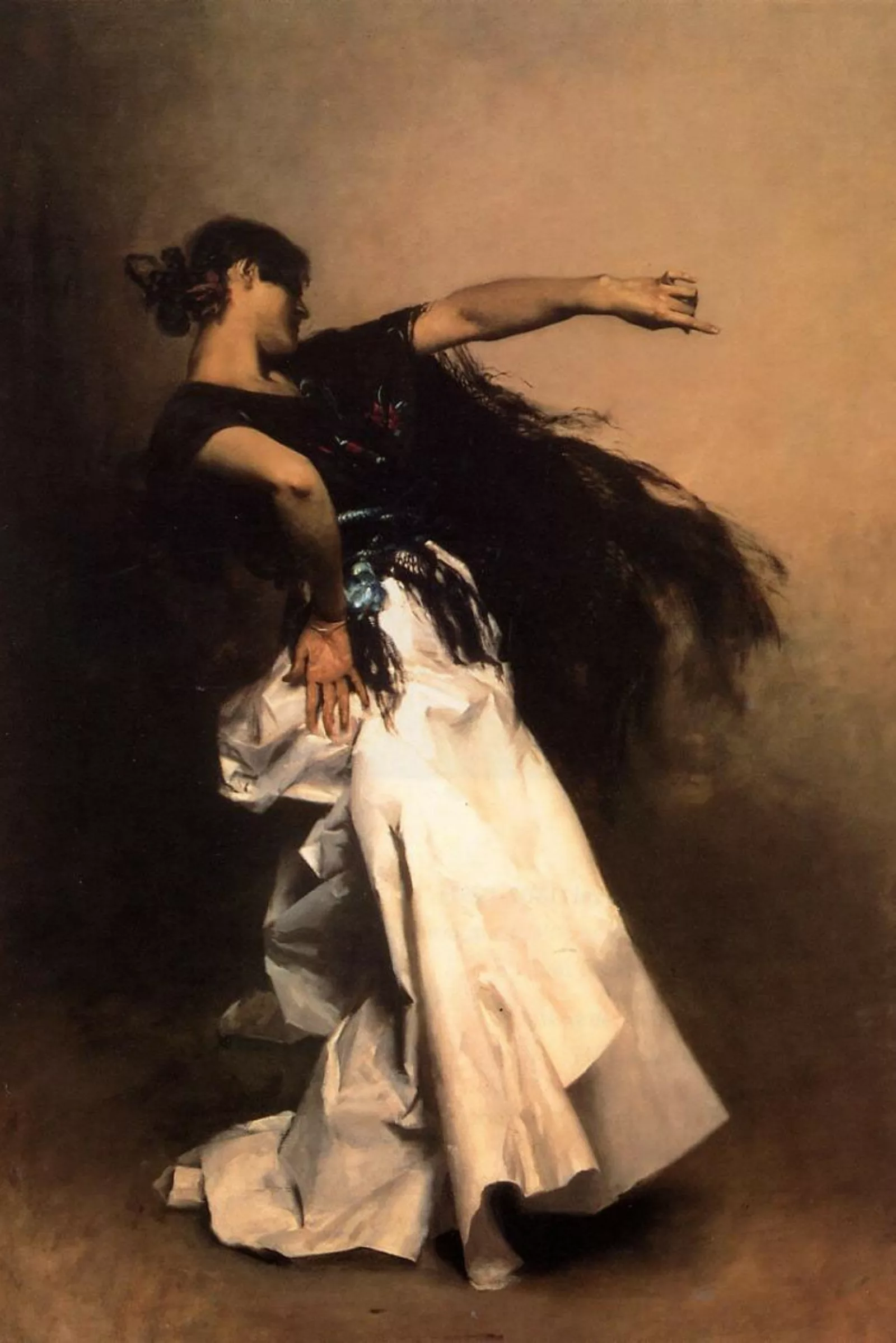 A painting of a woman dancing. She is leaning back with her left arm outstretched and her face turned away from the viewer.