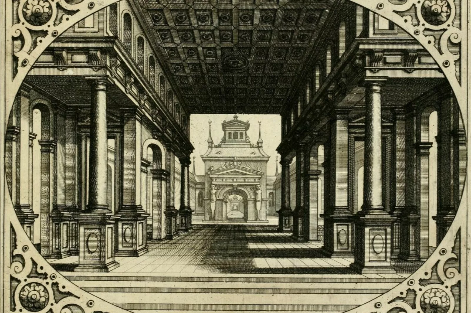 An illustrated architectural study viewing one building through another with lots of columns to the left and right.