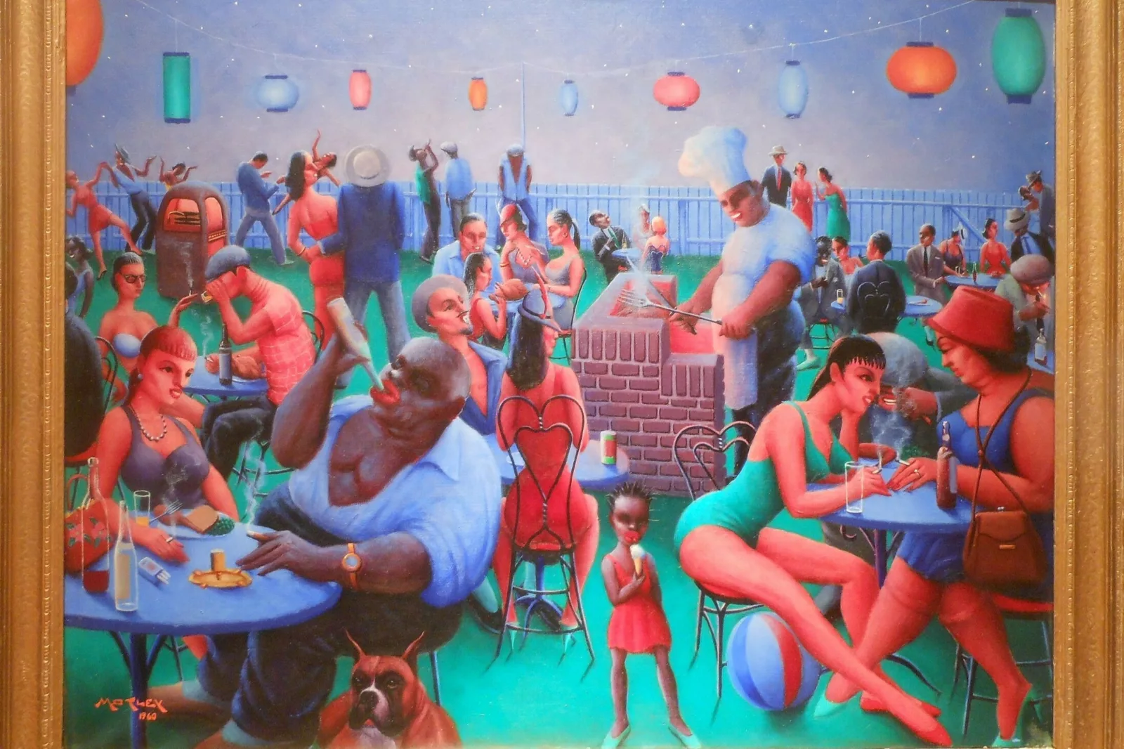 A painting with vibrant colors depicting people having a party in a backyard.