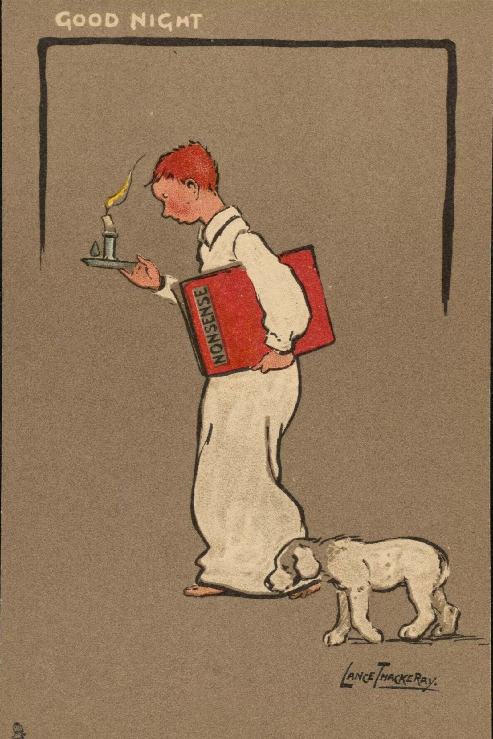 A postcard depicting a child holding a candle and a large red book. A small dog follows him at his feet. At the top, it says, "good night."