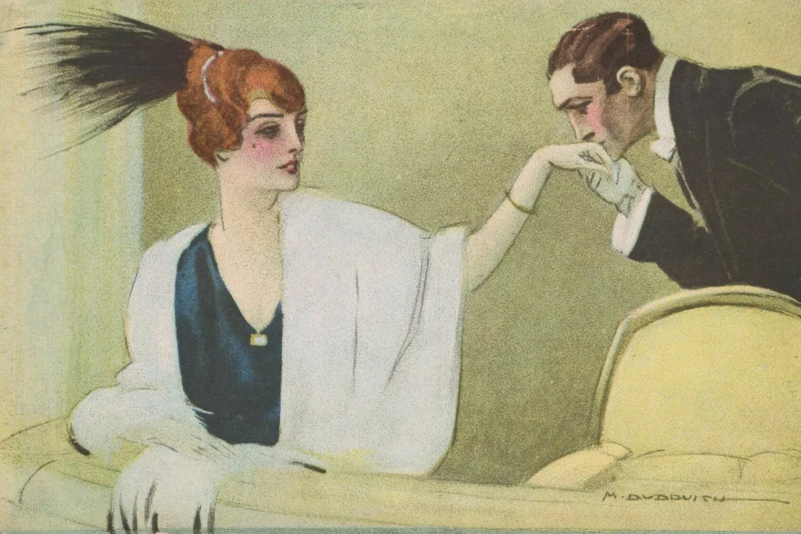 A postcard depicting a man kissing the hand of a woman.