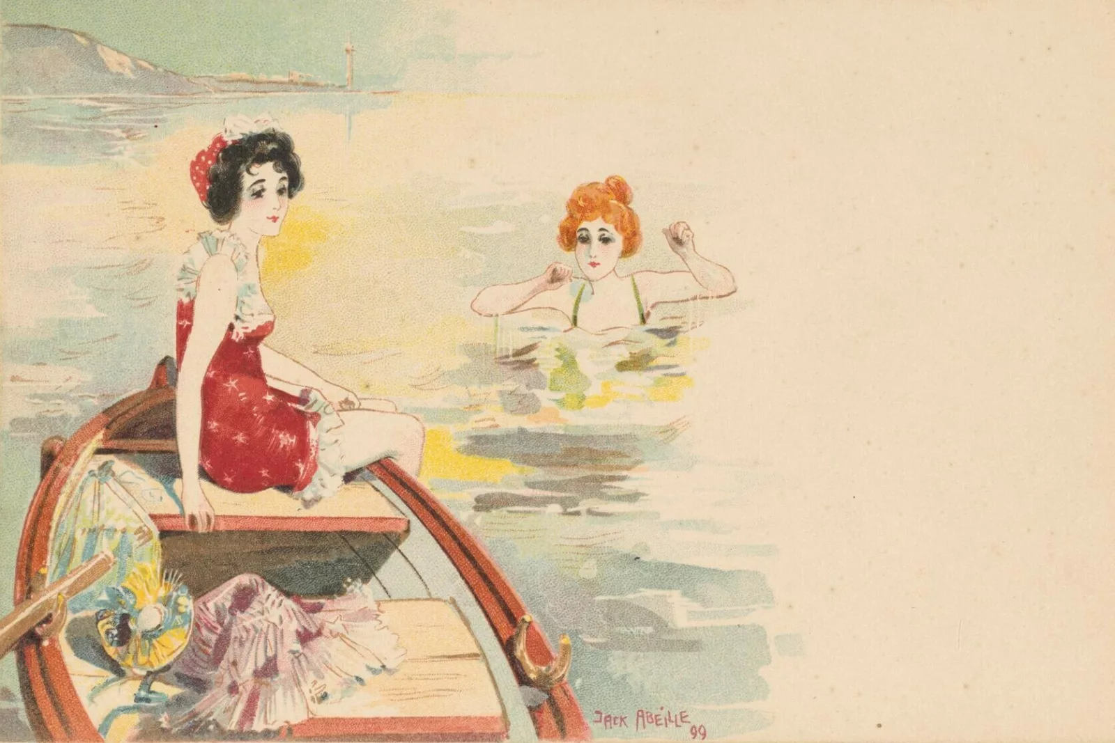 A postcard depicting two women, one sitting in a row boat, the other in the water.