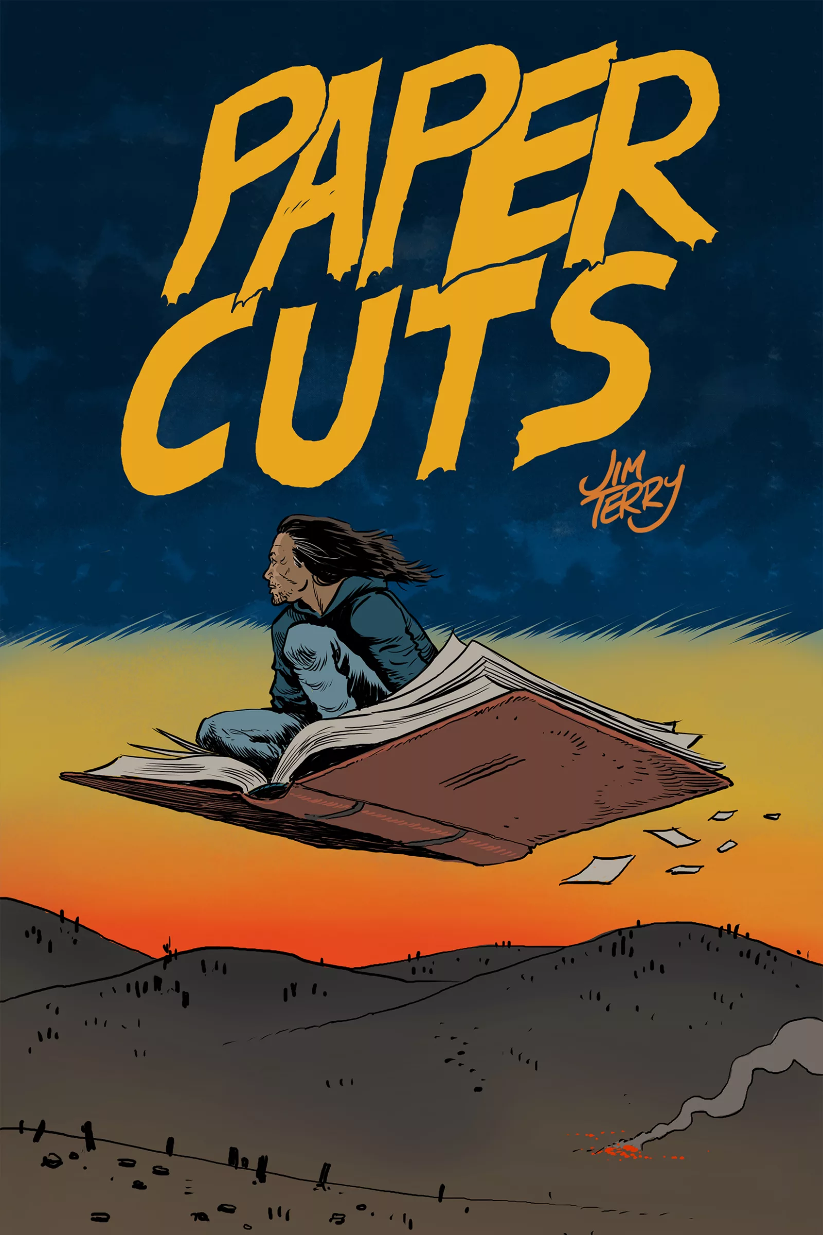 The cover of the comic "Paper Cuts" by Jim Terry. Under the title is a man riding inside a flying book over a hillside.